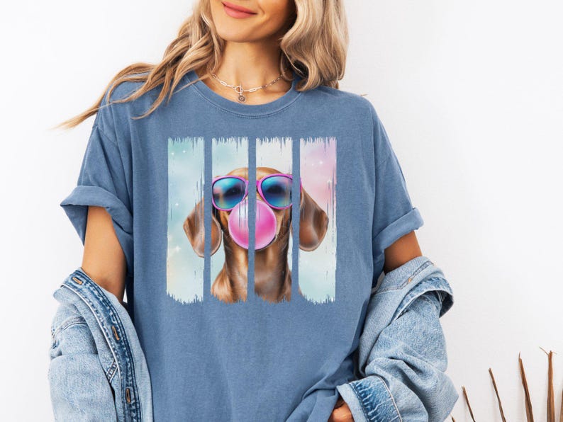 Funny Dachshund Weenie Dog Shirt, Comfort Colors® Doxie Dog Blowing Bubblegum T-Shirt, Weenie Mom TShirt, Cute Doxie Crewneck Dog Mom Gift Blue Jean