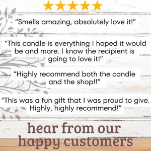 May include: A white wooden background with five gold stars and four customer reviews in black text. The reviews are positive and mention the product is amazing, everything they hoped for, and highly recommend. The text at the bottom reads "hear from our happy customers".