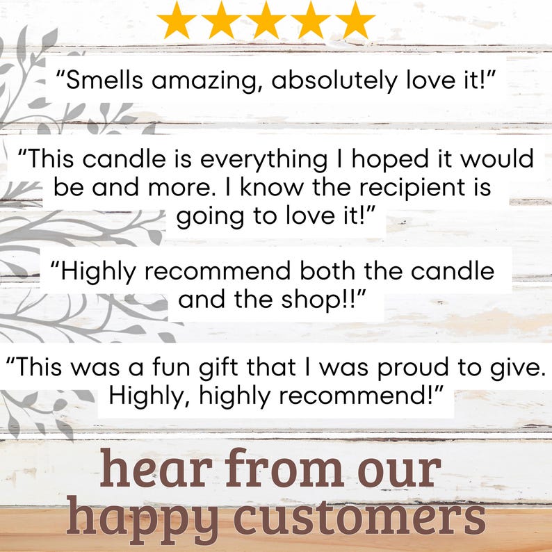 May include: A white wooden background with five gold stars and four customer reviews in black text. The reviews are positive and mention the product is amazing, everything they hoped for, and highly recommend. The text at the bottom reads "hear from our happy customers".