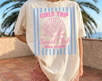 Girls Trip Social Club T-Shirt, Coquette Seashell Beach Vacation Tee