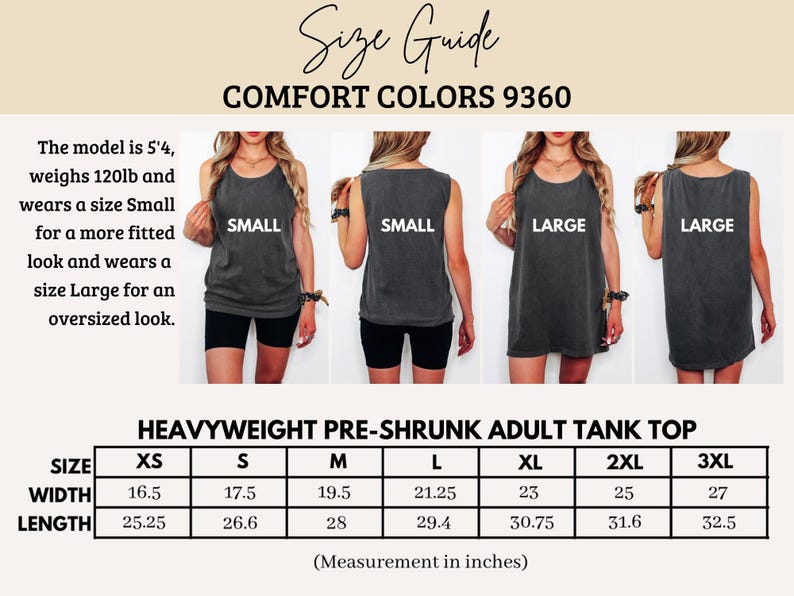 Comfort Colors 9360 heavyweight adult tank top size guide with measurements.