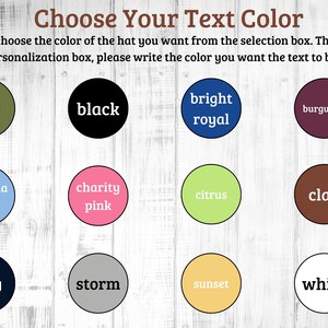 May include: A chart with 12 color swatches, each with a name written in white text. The colors are: army, black, bright royal, burgundy, carolina blue, charity pink, citrus, clay, navy, storm, sunset, and white.
