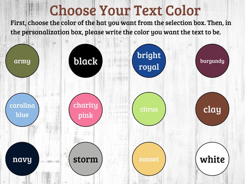 May include: A chart with 12 color swatches, each with a name written in white text. The colors are: army, black, bright royal, burgundy, carolina blue, charity pink, citrus, clay, navy, storm, sunset, and white.