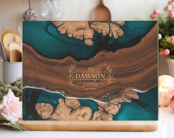 Custom Charcuterie Board, Personalized Glass Cutting Board with Wood and Resign Design, Customized Charcuterie Board for Housewarming Gift