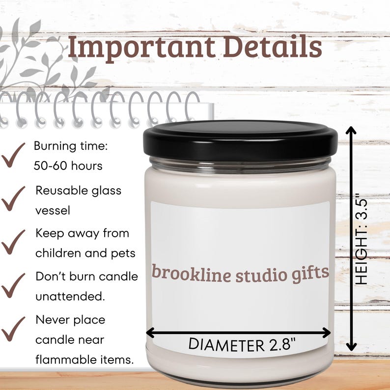 May include: A white candle in a clear glass jar with a black lid. The jar has a white label with the text "brookline studio gifts" printed in brown. The candle is 3.5 inches tall and 2.8 inches in diameter. The image also includes a list of important details about the candle, such as burning time, safety instructions, and care instructions.