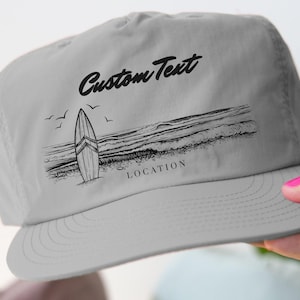 Custom Text Surf Cap, Personalized Location Hat, Beach Wave Art, Surfing Gift, Vacation Souvenir, Sea Birds Design, Gift for Surfer image 1