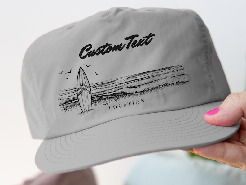 Custom Text Surf Cap, Personalized Location Hat, Beach Wave Art, Surfing Gift, Vacation Souvenir, Sea Birds Design, Gift for Surfer image 1