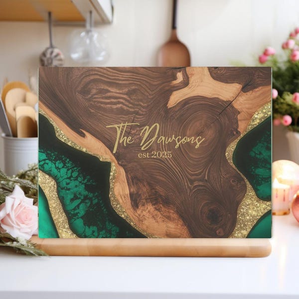 Personalized Family Name Cutting Board, Custom Faux Resin Epoxy Wood Print Glass Cutting Board for Couple, Custom Family Name Christmas Gift