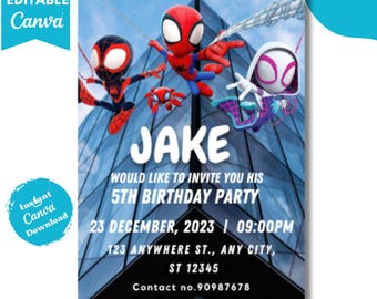 Invitación de Spider-Man, invitación digital para fiesta de cumpleaños de Spider-Man, tarjeta de cumpleaños infantil, descarga digital, plantilla editable