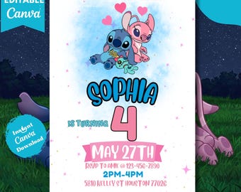 Modello di invito per festa di compleanno Stitch modificabile, invito di compleanno a fumetti, invito per festa di compleanno Stitch in piscina, invito di compleanno Stitch