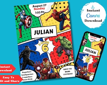 Editable Superheroes Birthday Invitation, Superhero Birthday Invite, Printable Avengers Superhero Invitation Card, Avengers Birthday Party