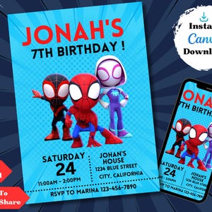 Spidey Invitation Spidey and his Amazing Friends Birthday Invitation Spidey Theme Birthday Party Invite Boy Girl Spin Ghost Spider EDITABLE