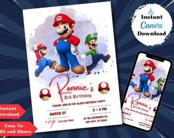 Bearbeitbare Mario Bros-Einladung, Super Mario-Geburtstagseinladung, druckbare Geburtstagsfeier-Einladungen, digitale Geburtstagsfeier-Einladungsvorlage