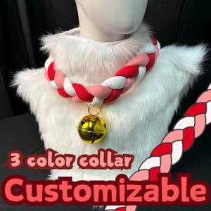 Sweet strawberry Tri-color fursuit collar,Soft colorful necklace with bell,Customizable, Christmas accessory, Furmeet gift, gift for her