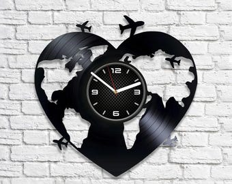Travel Lover Vinyl Record Clock, Heart Planet Wall Art, Traveling Home Decor, Womens Office Decorations, Birthday Gift For Girlfriend