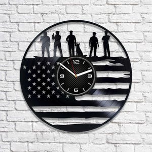 USA Police Vinyl Record Clock, Mens Office Artwork, USA Flag Decoration, Police Officer Wall Decor, Birthday Gift For Coworker