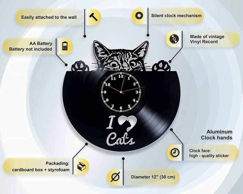 May include: Black vinyl record clock with a cat design and the words "I love Cats". The clock has aluminum hands and a high-quality sticker clock face. The clock is 12 inches in diameter.