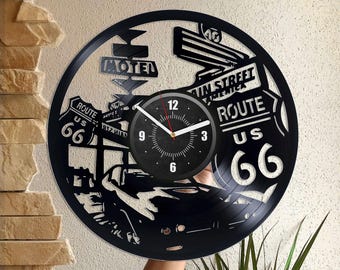 Route 66 Vinyl Record Wall Clock, Garage Wall Decor, Laser Cut Decoration, Route 66 Art, Travel Lover Gift, Christmas Gift For Dad