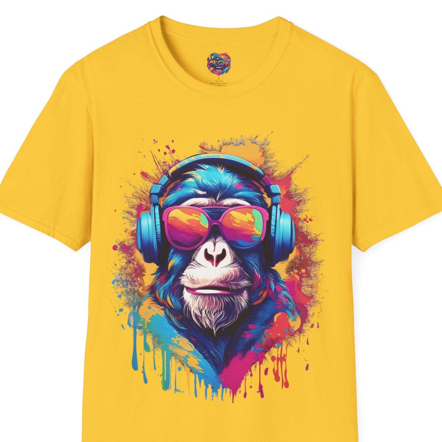 Cool monkey T-Shirt, vibrant portrait of abstract chimp with sunglasses, colourful popart paint splash illustration, modern artwork.