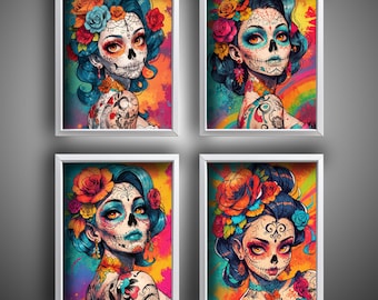 Day of the dead, halloween pop art, 4 retro bright printable wall art decors, instant download and print at home.