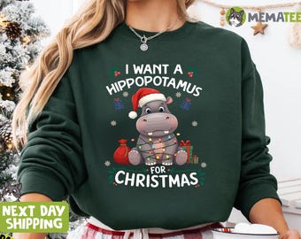 Funny Women's Christmas Sweatshirt - 'I Want A Hippopotamus For Christmas' Graphic, Long Sleeve Crewneck, Pink X-Large