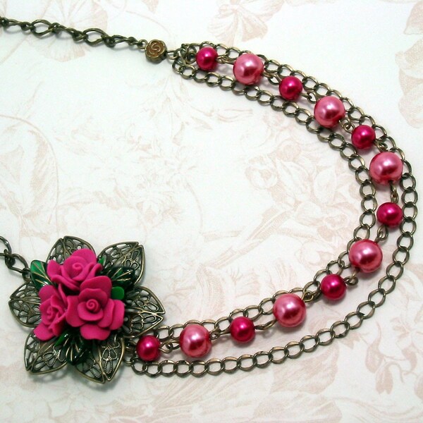Victorian Rose Necklace w Pink Faux Pearls on Brass - "Rosalyn" Victorian Necklace, Bright Pink Roses, Pearl Necklace, Pink Necklace