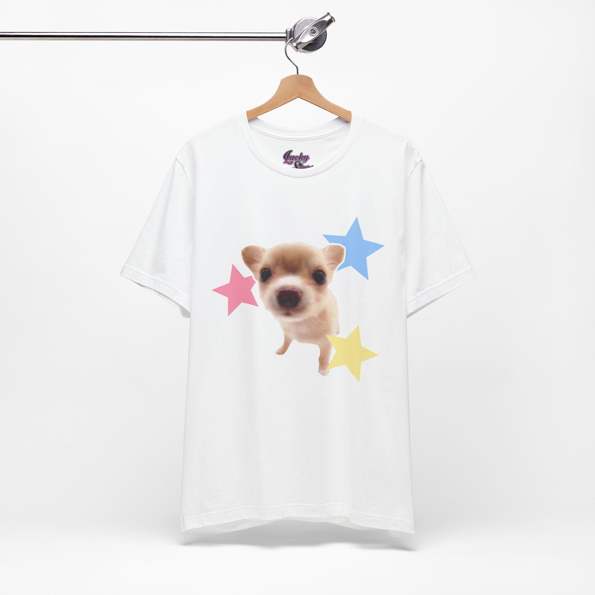 ★AWESOMEUS★ FURRY PUPPY Crop Short Sleeve T-Shirt White 5C Y2K Cutecore Tee - Fish Eye Dog Puppy and Colorful Stars