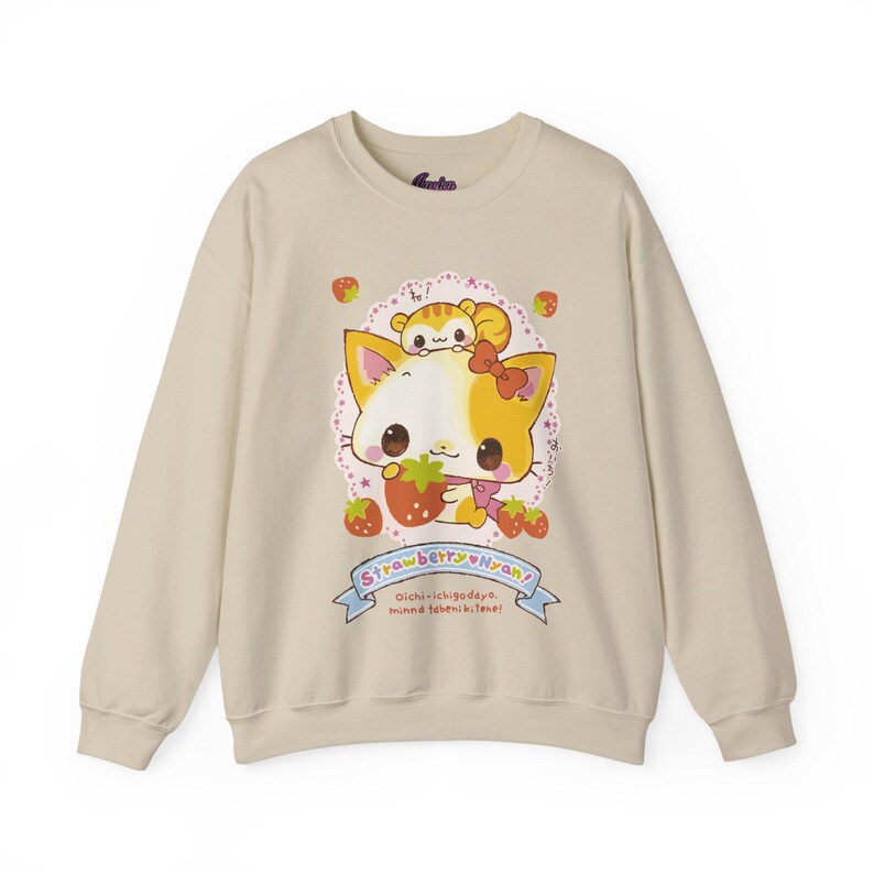 Sudadera Kawaii - Camiseta de gato rosa Cutecore para mujer y hombre, jersey de gatito japonés, camiseta de fresa Nyan, jersey Jojifuku, top Harajuku imagen 2