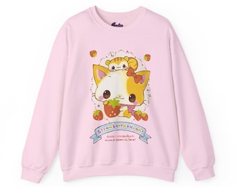 Kawaii Sweatshirt - Cutecore Pink Cat Shirt for Women and Men, Japanese Kitty Jumper, Nyan Strawberry Tee, Jojifuku Pullover, Harajuku Top