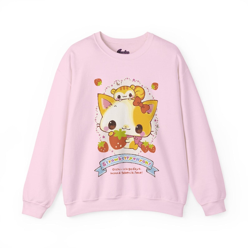 Sudadera Kawaii - Camiseta de gato rosa Cutecore para mujer y hombre, jersey de gatito japonés, camiseta de fresa Nyan, jersey Jojifuku, top Harajuku imagen 1