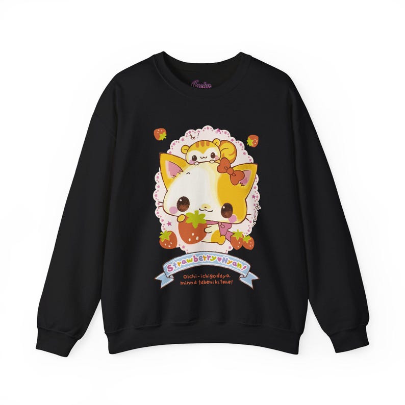 Sudadera Kawaii - Camiseta de gato rosa Cutecore para mujer y hombre, jersey de gatito japonés, camiseta de fresa Nyan, jersey Jojifuku, top Harajuku imagen 3