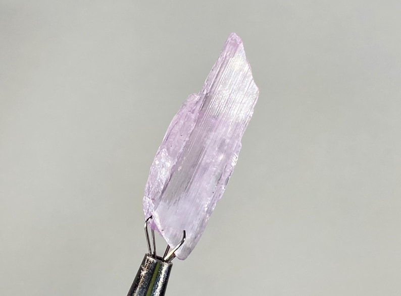 Op de afbeelding: Een lichtpaars, kristallijn mineraal specimen, vastgehouden door een metalen gereedschap. Het mineraal heeft een ruw, getextureerd oppervlak en een doorschijnend uiterlijk. De achtergrond is effen lichtgrijs.