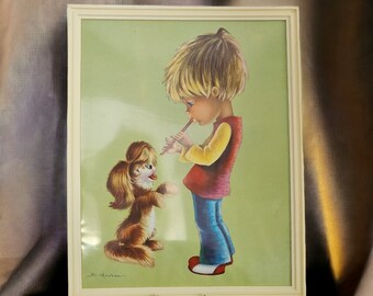 Sandgaard Denmark Framed Art Print 1960’s MCM Little Boy playing flute with Puppy Printed in Spain