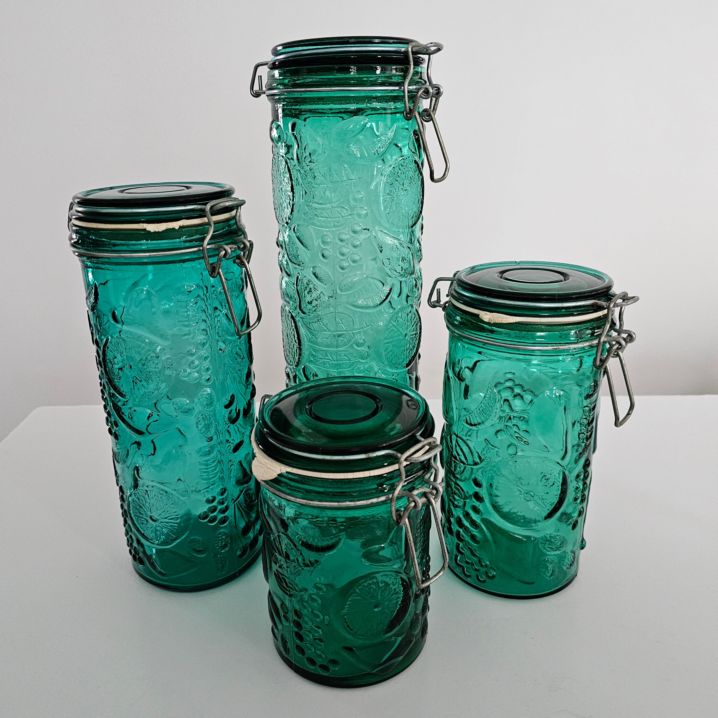 Vintage Emerald Green Fruit Embrossed Glass Canisters Hinged Vintage Emerald Green Fruit Embrossed Glass Canisters Hinged