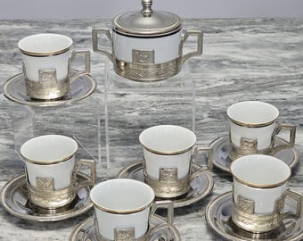 Monopoli Italy Porcelain Demitasse Cups with Sugar Bowl and Saucers Set - AS IS