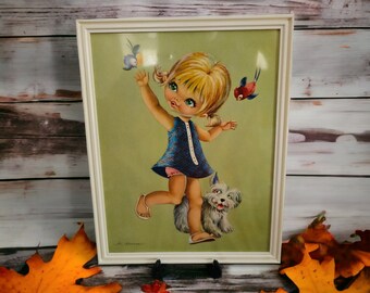 Sandgaard Denmark Framed Art Print 1960's MCM Blonde Big Eyed Little Girl w/Birds and Puppy