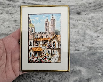 Church of Santa Prisca de Taxco Watercolor Signed Church Painting Sealed Brass Frame Miniature