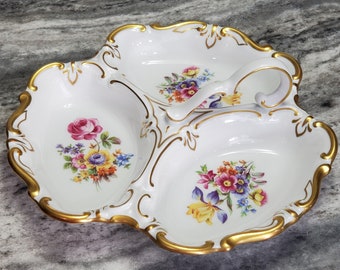 JL Menau Graf Von Henneberg Gold Gild Divided Porcelain Handled Server Dish