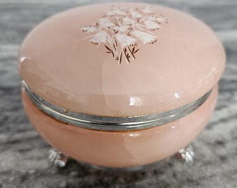 Vintage Genuine Pink Alabaster Stone Round 3-footed Jewelry Box - READ