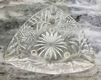 Vtg Hazel Atlas Clear Glass Triangle Footed Ashtray - Leaded Cut Crystal Ashtray
