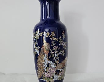 Yamato Japan Vintage Porcelain Cobalt Blue Gold Detail Pink Floral Peacock Vase