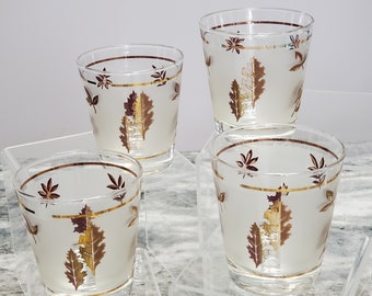 4 Dominion Libbey Golden Foliage Lowball Whiskey Glasses 22K Gold Leaves Frosted MCM