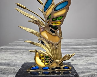 Vintage Brass & Stained Glass Flying Duck Geese Sculpture Cattails Letter Holder