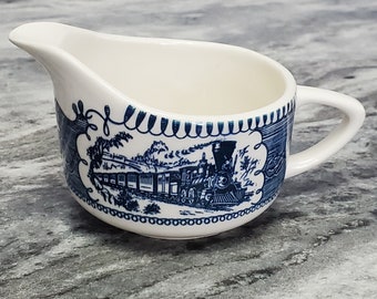 Vintage Currier and Ives Creamer Blue Express Train Locomotive Royal USA