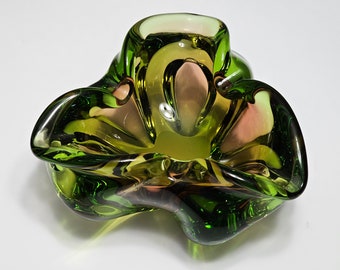 Vintage Art Glass Clover Shaped Three Leaf Ashtray Bowl Avocado Green and Amber Josef Hospodka