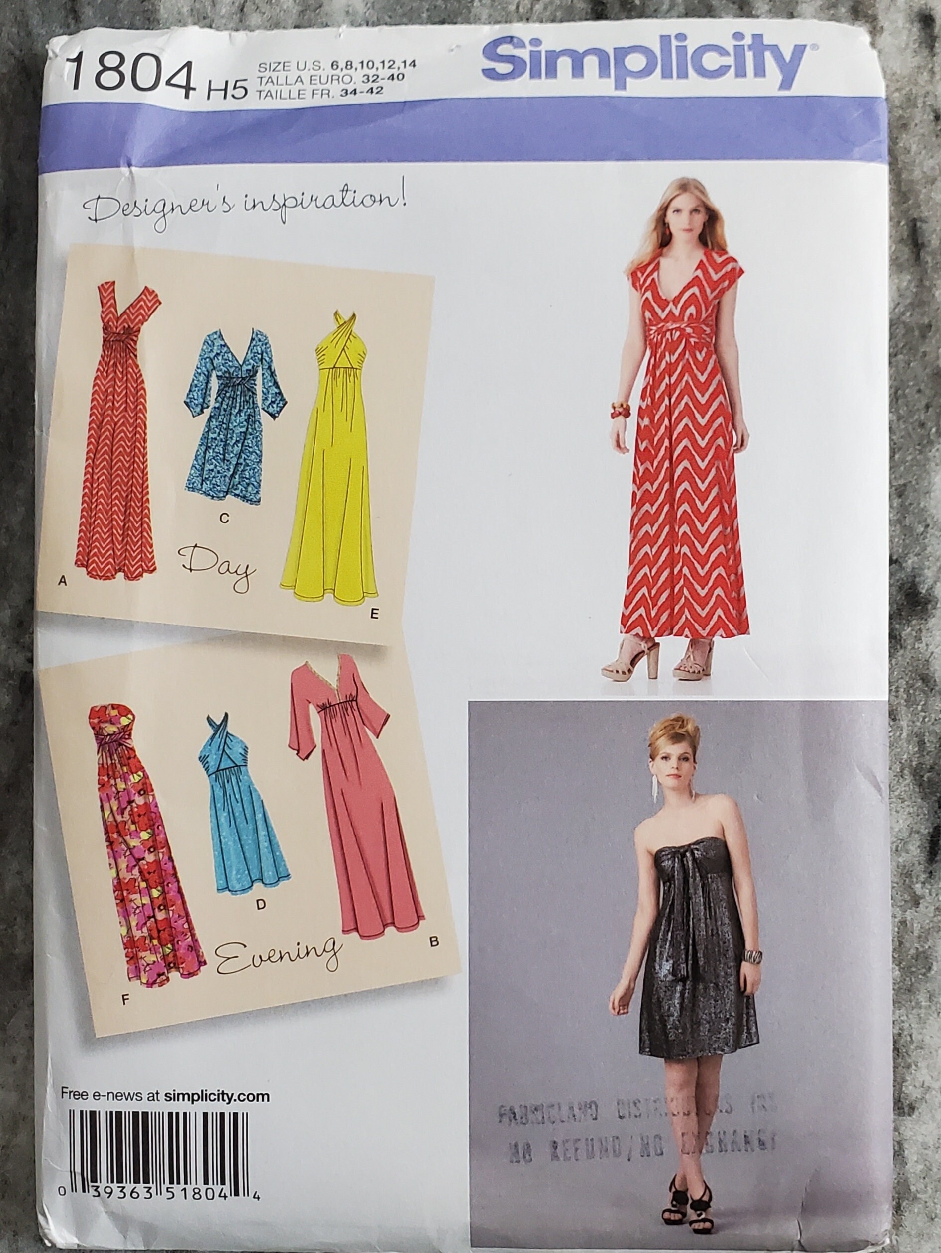 Simplicity R11804 Simplicity 1804 Sewing Pattern Misses' Knit Dresses Two Lengths Sz: 6 ...