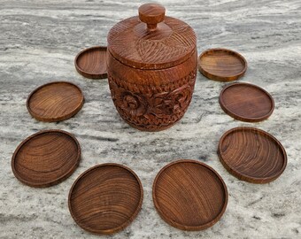 Hand Carved Wooden Jar w/Lid And Set of 8 Wooden Coasters
