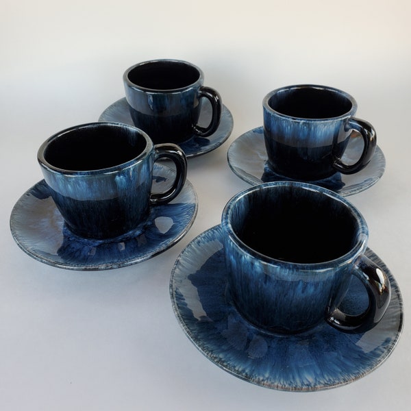 4 Blue Mountain Pottery Cobalt Blue Black Drip Coffee Cups & Saucers BMP Canada Selling AS IS