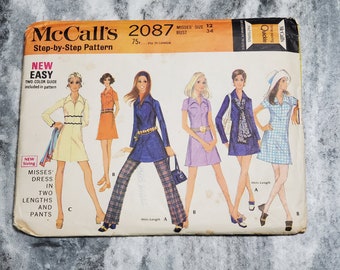 McCalls 2087 Sewing Pattern Misses Dress and Pants S 12 - UNCUT 1969 Pattern