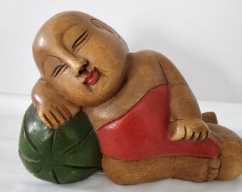 Vintage Asian Folk Art Hand Painted Woodcarving Child Boy Resting on Watermelon